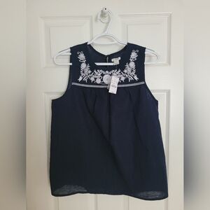 NWT J. Crew Blue Embroidered Cotton-Linen Shell Navy Blue Short SleeveTop SIZE 4